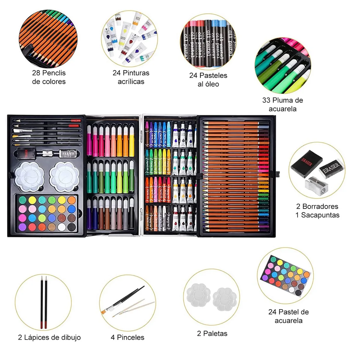 Contenido del kit de arte: lápices, pinturas acrílicas, pasteles, marcadores, pinceles y paletas