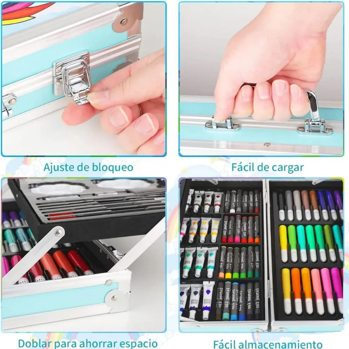 Cierre, asa y bandejas plegables del maletín de arte azul