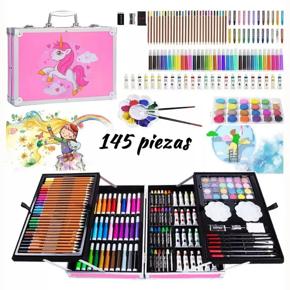 Las 145 piezas del kit de arte junto al maletín rosado con unicornio