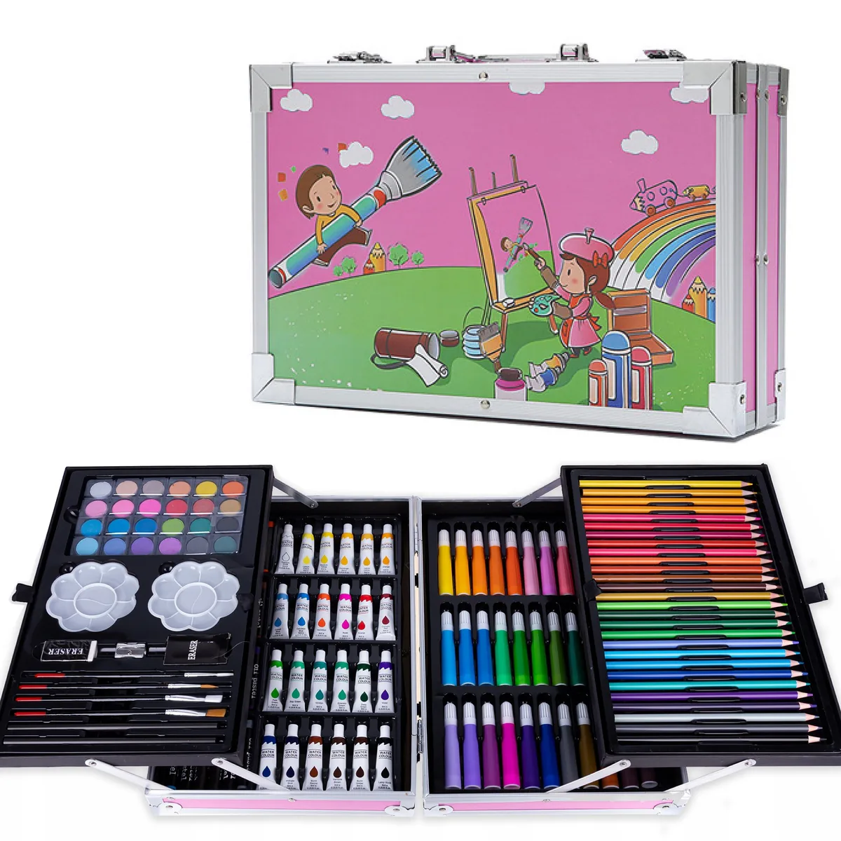 Maletín de arte con diseño de niños pintando, abierto con todos sus materiales
