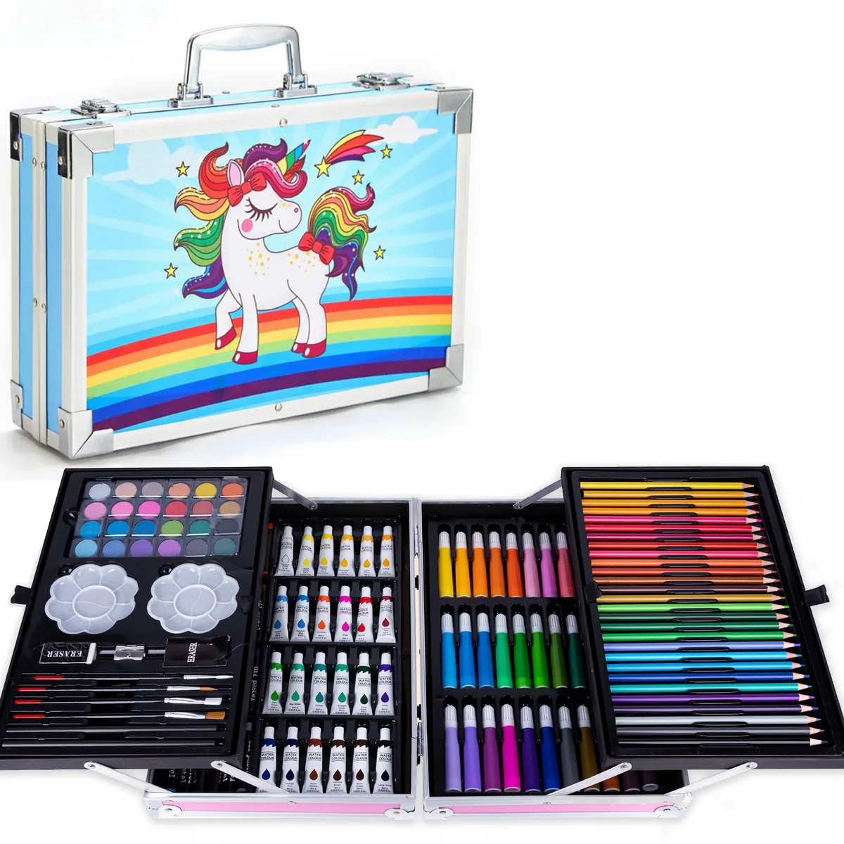 Maletín de arte azul con unicornio de arcoíris, abierto con todos sus materiales