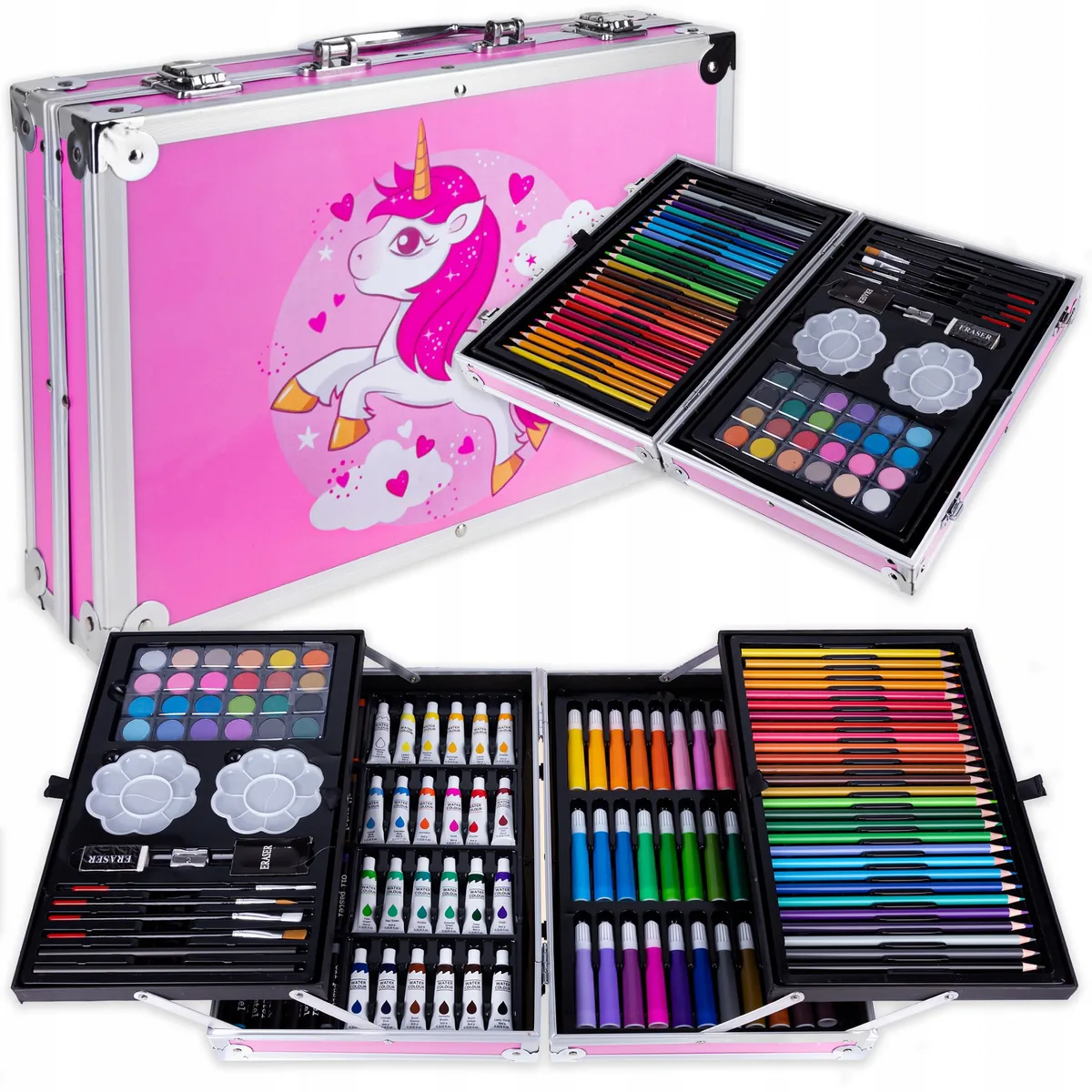 Kit de arte para niños en maletín de aluminio rosado con unicornio, abierto con sus colores y pinturas