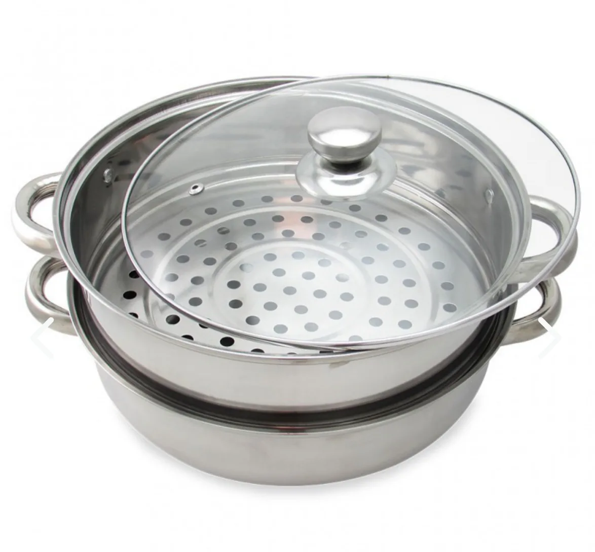 Olla vaporera de doble piso plateada con tapa de vidrio