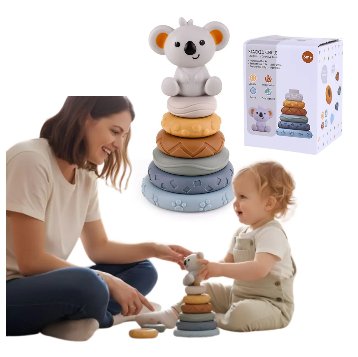 Mamá y bebé jugando con los aros apilables, junto a la caja del juguete