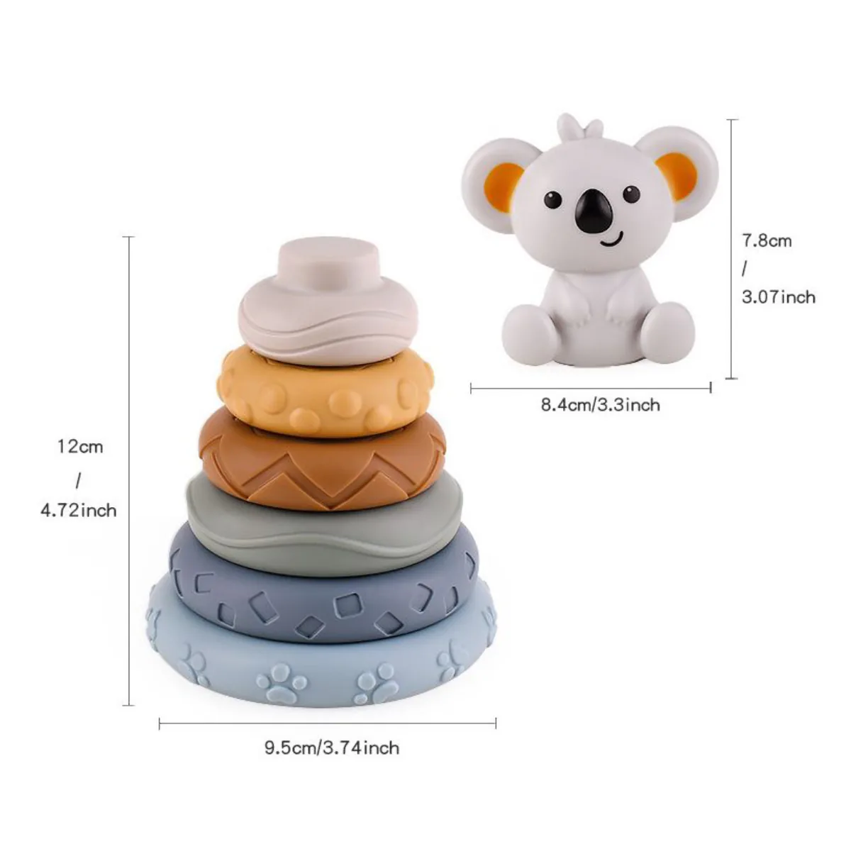 Medidas de la torre de aros, 12 x 9,5 cm, y del koala, 7,8 x 8,4 cm
