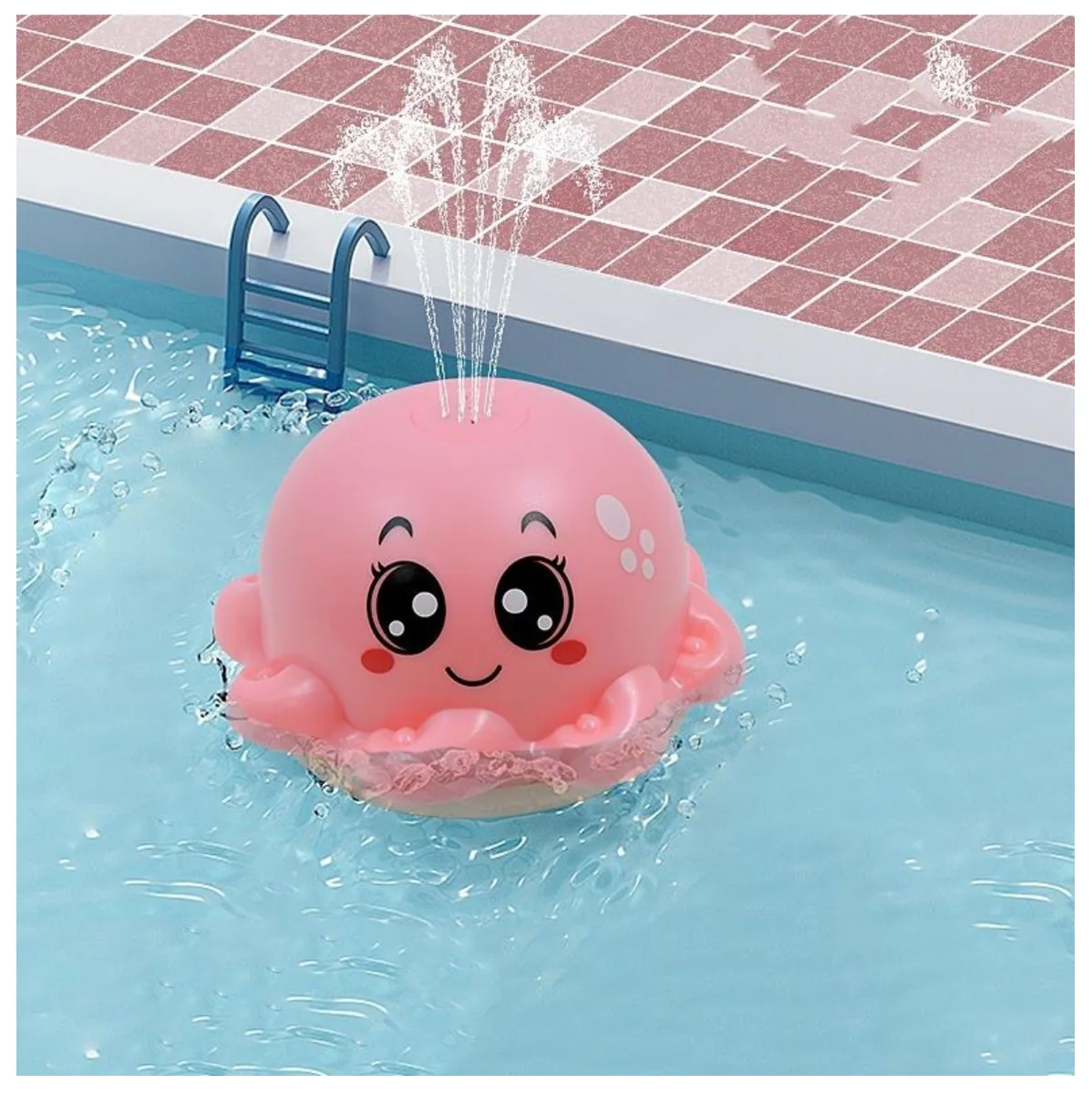 Pulpo rosado de baño lanzando agua como una fuente en una piscina