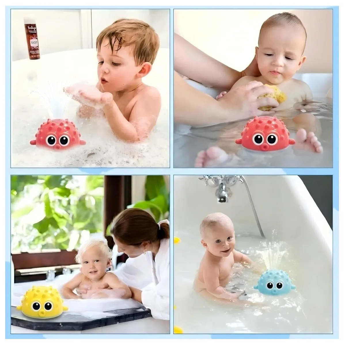Bebés en la bañera jugando con juguetes de pez globo que rocían agua