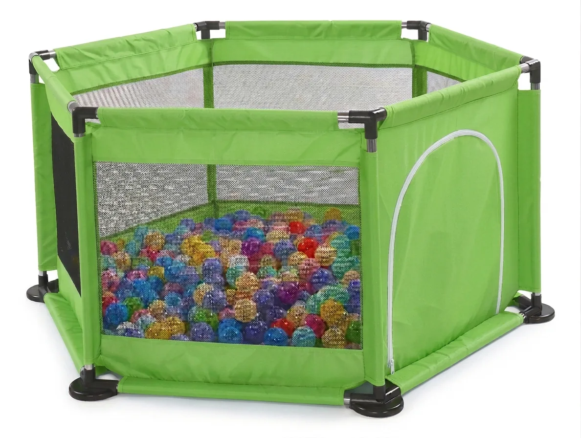 Corral hexagonal para bebé verde con malla y puerta con cremallera