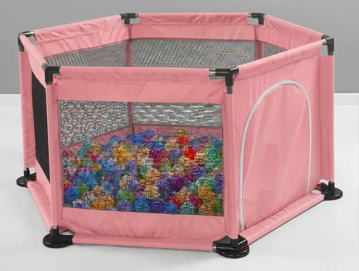 Corral hexagonal para bebé rosado con malla y puerta con cremallera