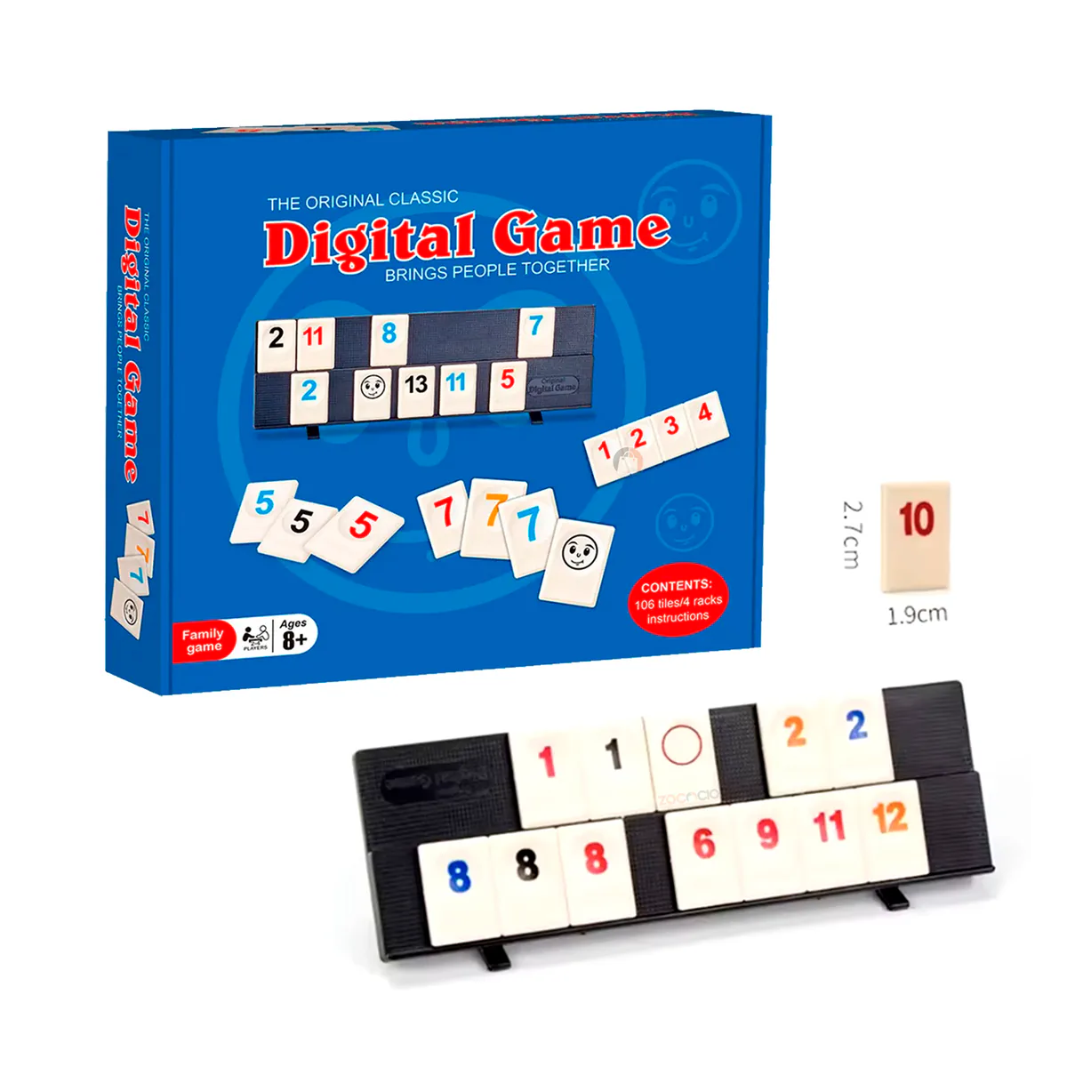 Caja del juego de fichas Digital Game junto a un atril y una ficha de 2,7 x 1,9 cm