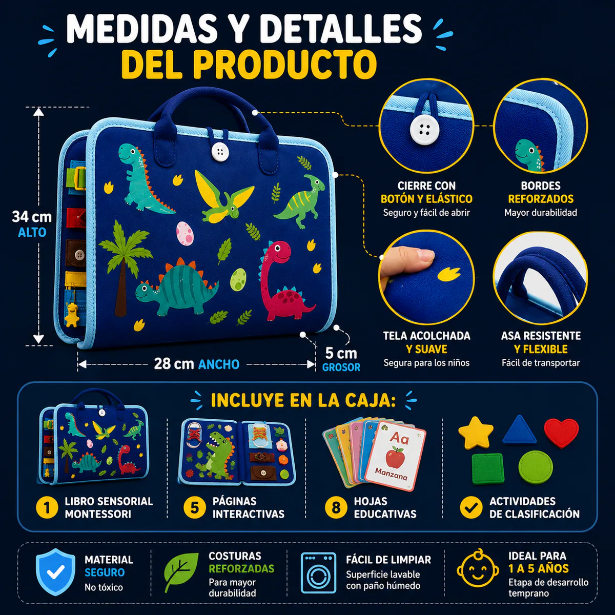 Medidas del libro sensorial: 28 x 34 x 5 cm, y lo que incluye la caja