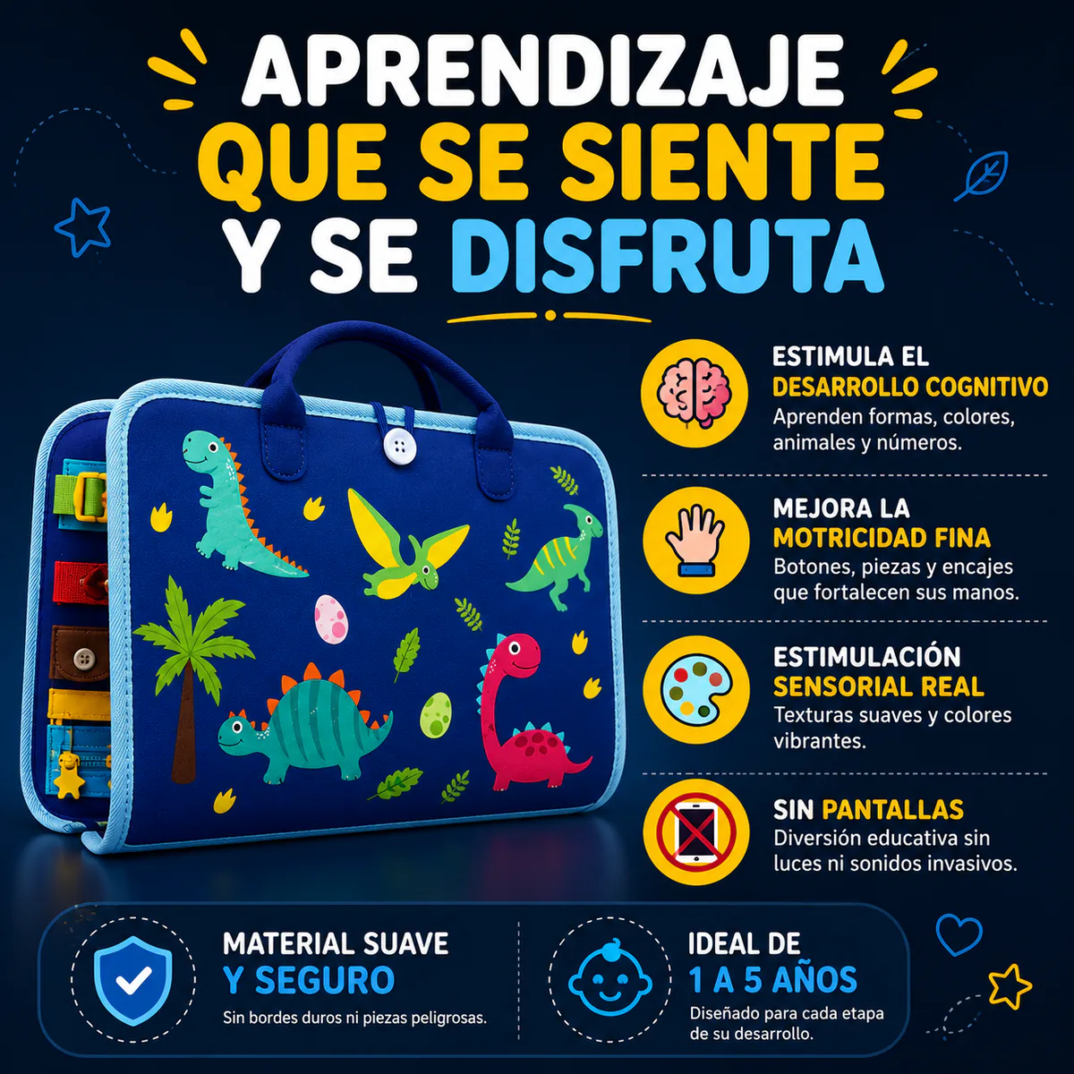 Libro sensorial de tela azul tipo maletín con sus actividades