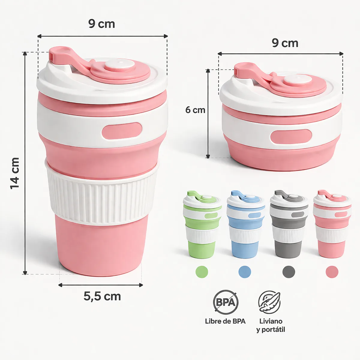 Medidas del vaso plegable rosa: 14 cm de alto, 6 cm plegado, 9 cm arriba y 5,5 cm en la base