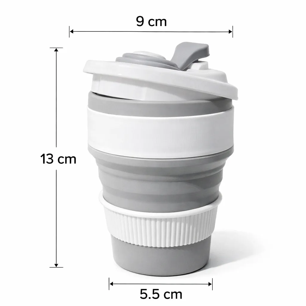 Medidas del vaso plegable gris: 13 cm de alto, 9 cm arriba y 5,5 cm en la base