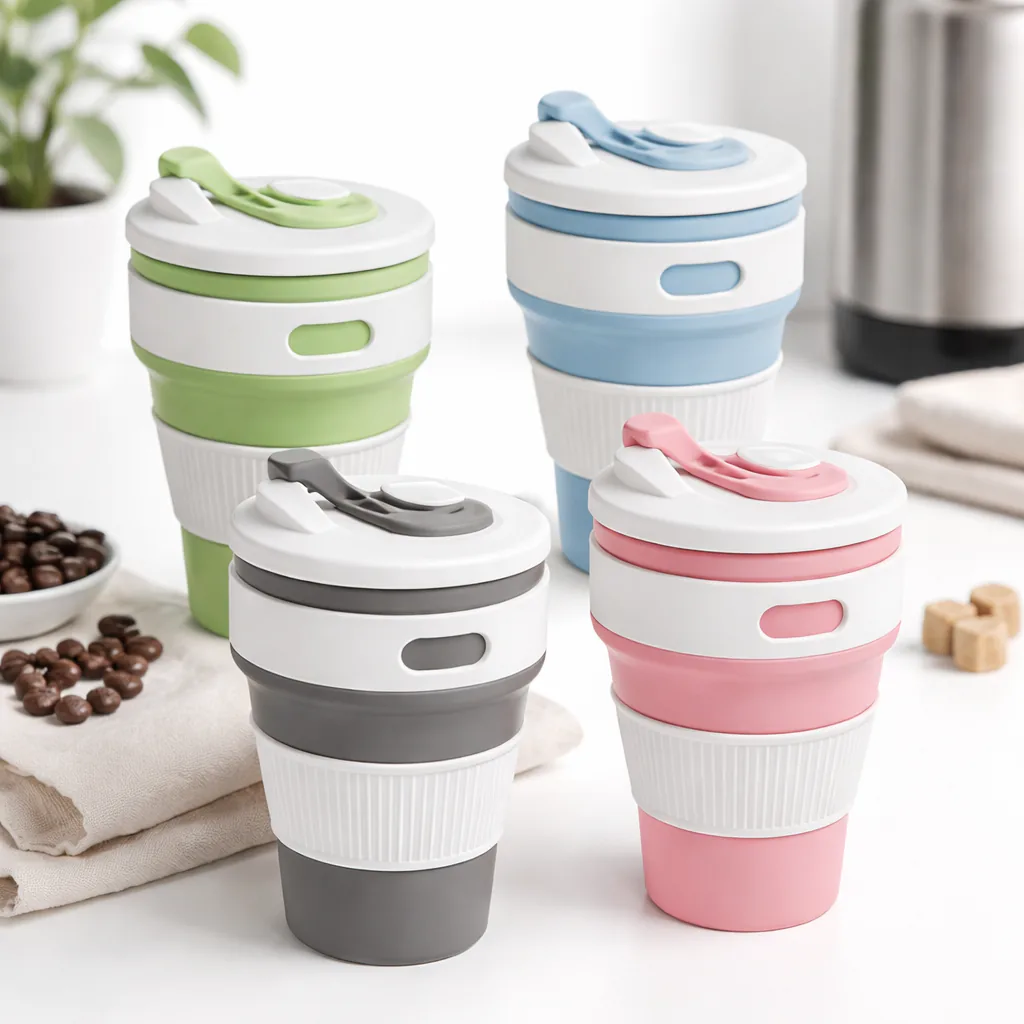 Vasos plegables de silicona verde, celeste, gris y rosa en una mesa con granos de café