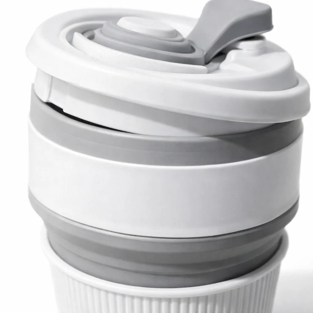 Detalle de la tapa con abertura para beber del vaso plegable gris