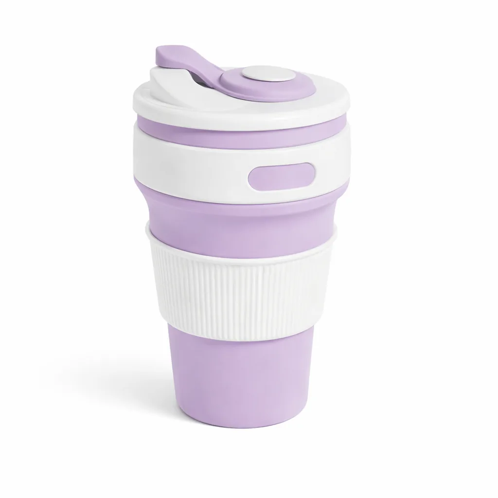 Vaso plegable de silicona lila con tapa blanca