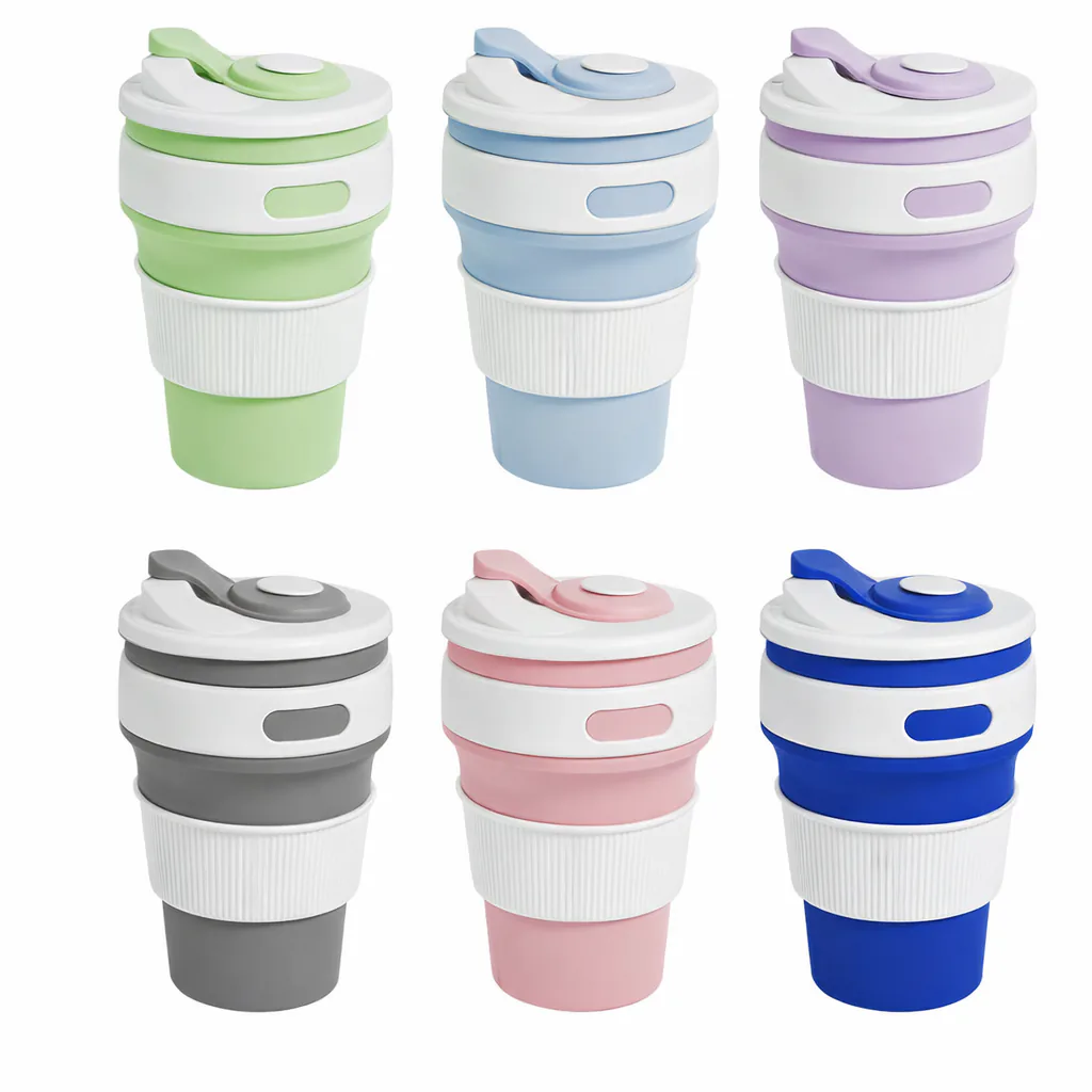 Vasos plegables de silicona en verde, celeste, lila, gris, rosa y azul