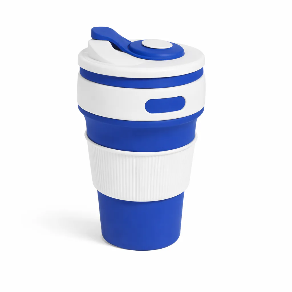 Vaso plegable de silicona azul con tapa blanca