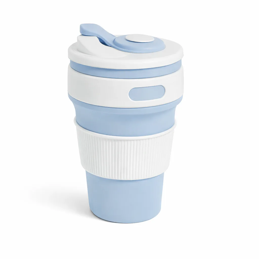 Vaso plegable de silicona celeste con tapa blanca