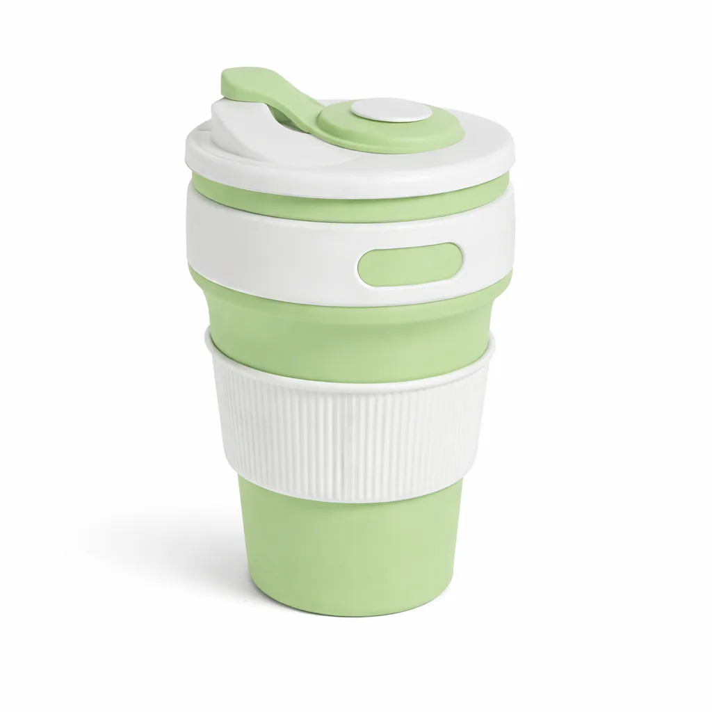 Vaso plegable de silicona verde con tapa blanca