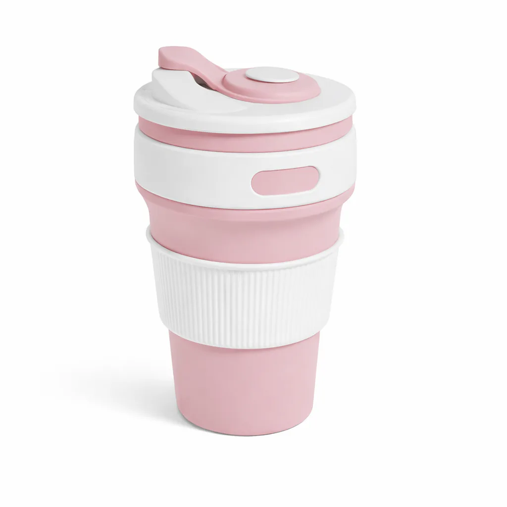 Vaso plegable de silicona rosa con tapa blanca