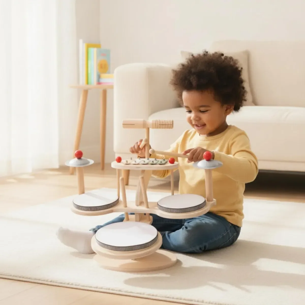Niño tocando el xilófono de la batería de madera