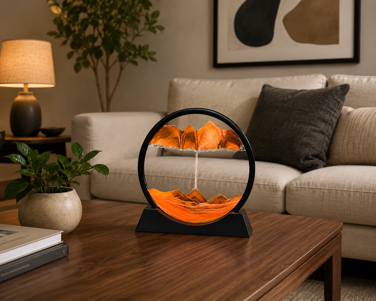 Cuadro de arena 3D decorando la mesa de una sala