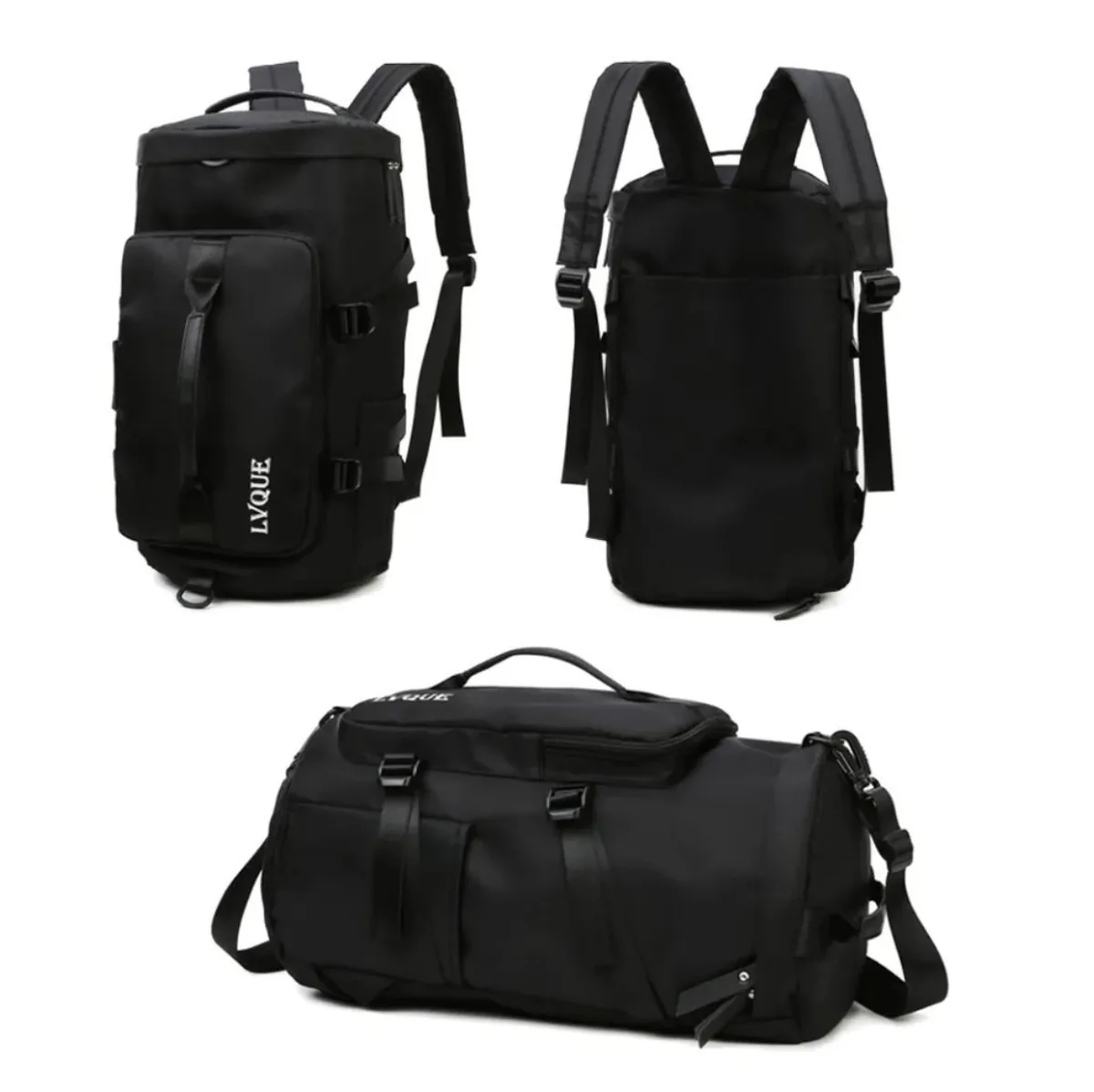 Bolso deportivo negro como morral, de frente y de espalda, y como bolso de mano