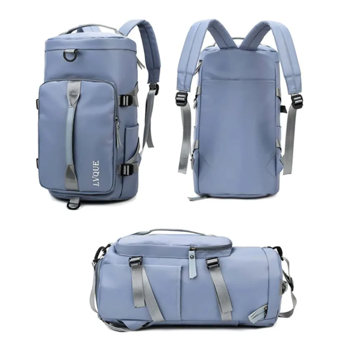Bolso deportivo azul como morral, de frente y de espalda, y como bolso de mano