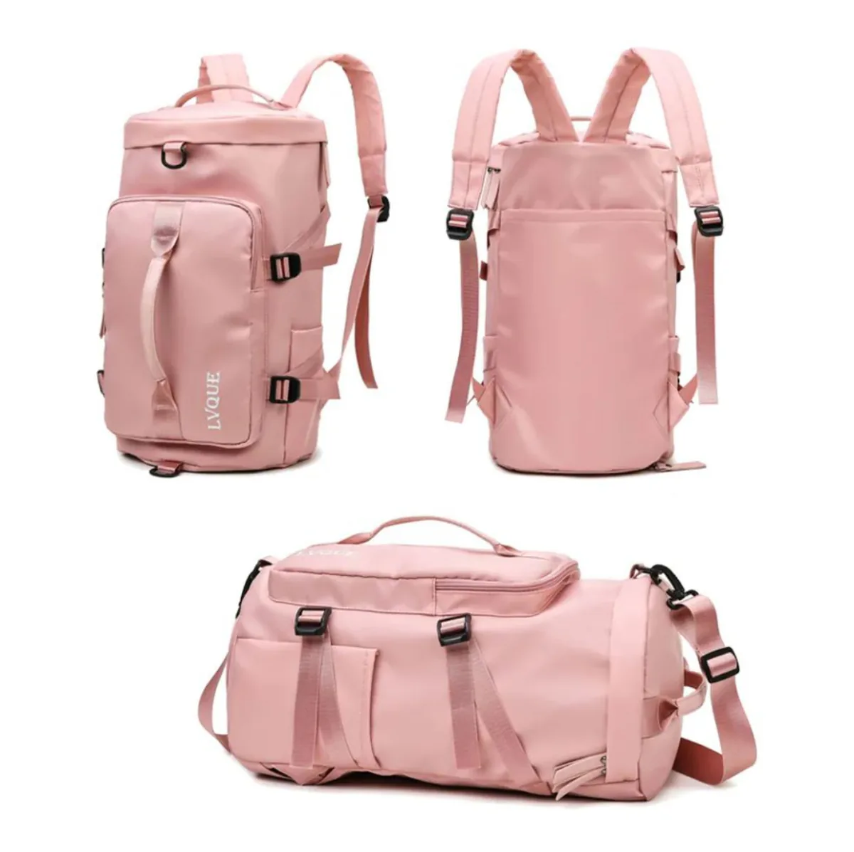 Bolso deportivo rosa como morral, de frente y de espalda, y como bolso de mano