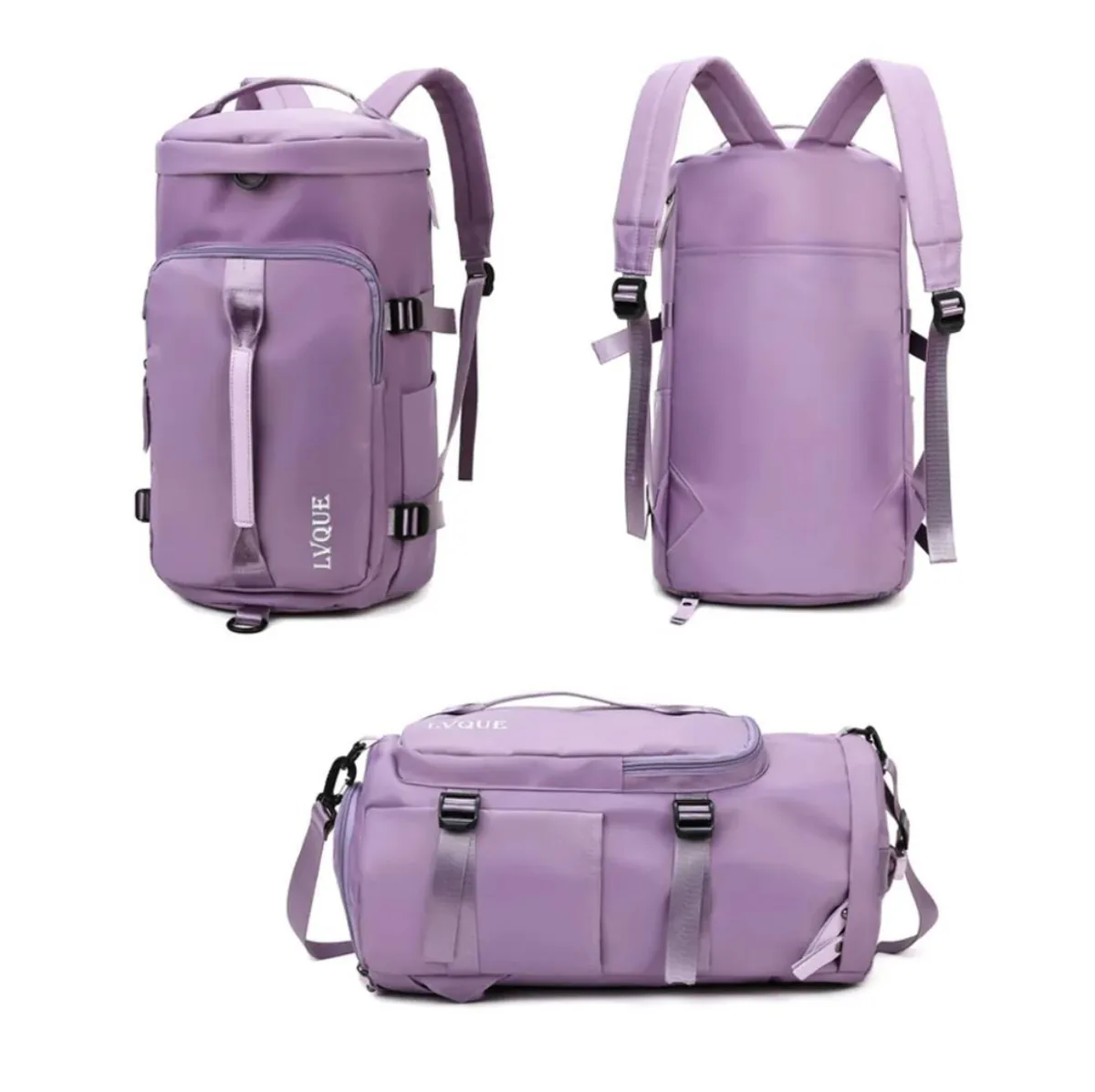 Bolso deportivo morado como morral, de frente y de espalda, y como bolso de mano