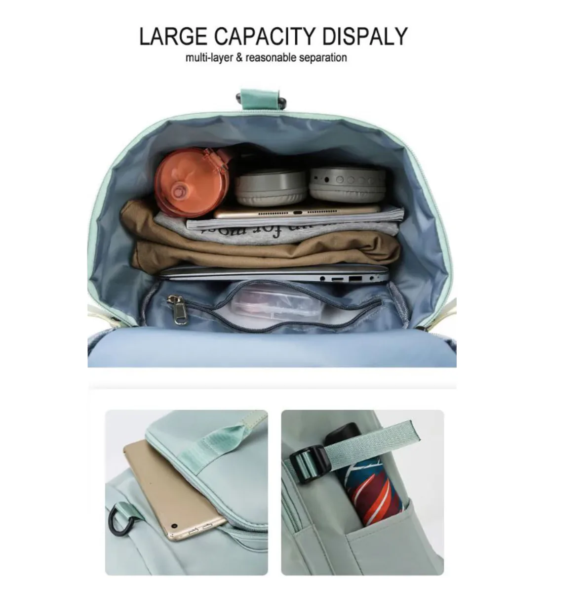 Interior del bolso deportivo con ropa y termo, y bolsillos para celular y sombrilla