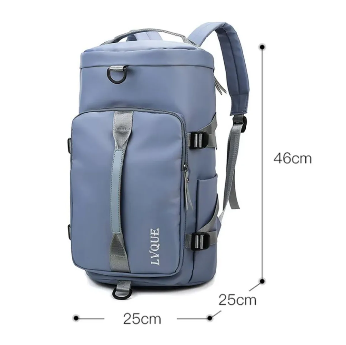 Medidas del bolso deportivo azul: 46 x 25 x 25 cm