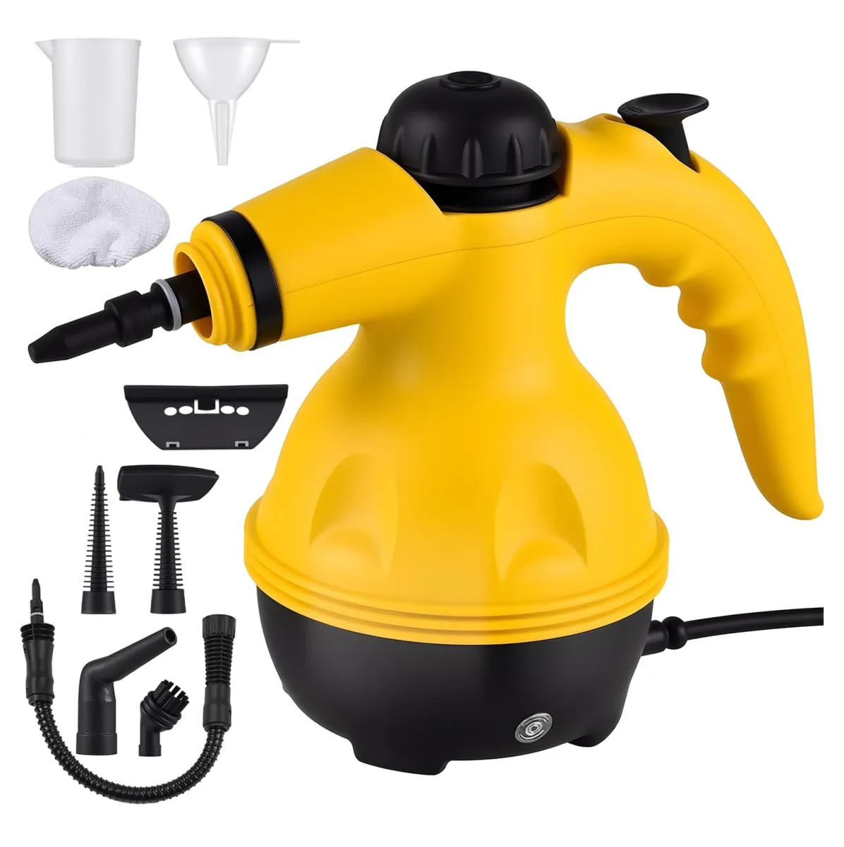 Limpiador a vapor portátil amarillo y negro con sus boquillas, cepillo y accesorios
