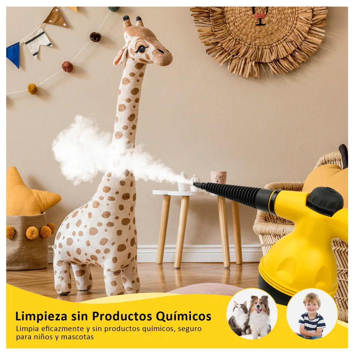 Limpiador a vapor amarillo soltando vapor en una habitación infantil