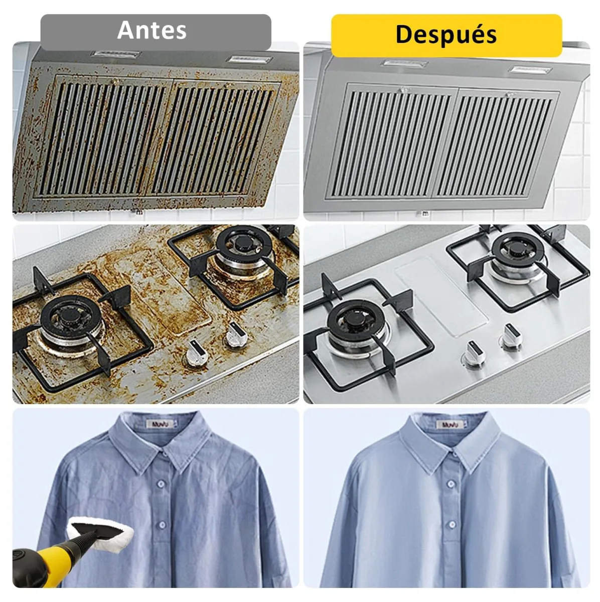 Antes y después de limpiar con vapor una campana, una estufa y una camisa
