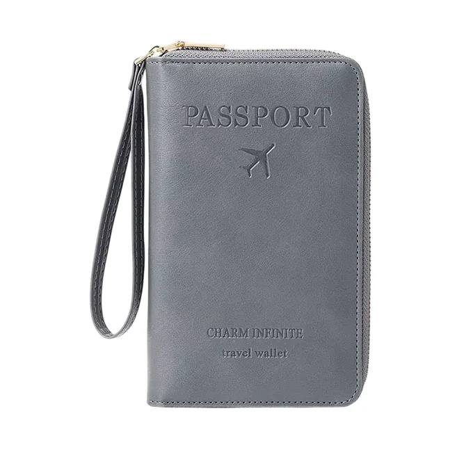 Billetera porta pasaporte gris con cremallera y correa de muñeca