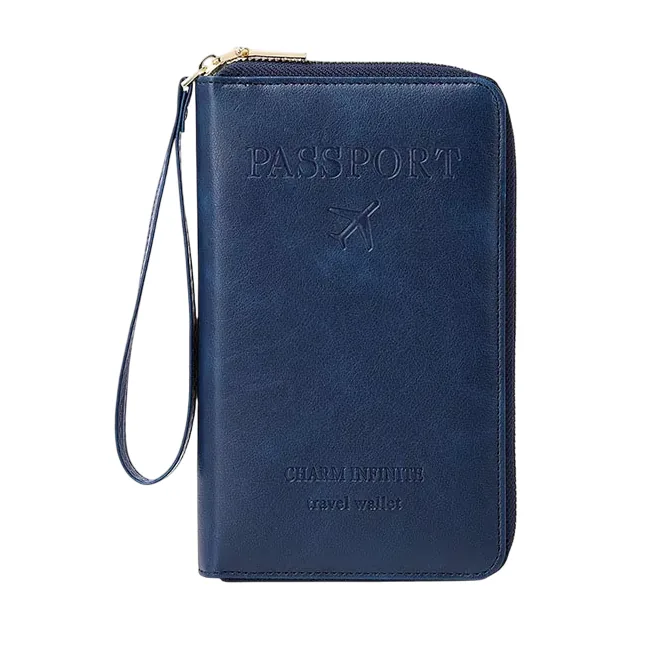 Billetera porta pasaporte azul oscuro con cremallera y correa de muñeca