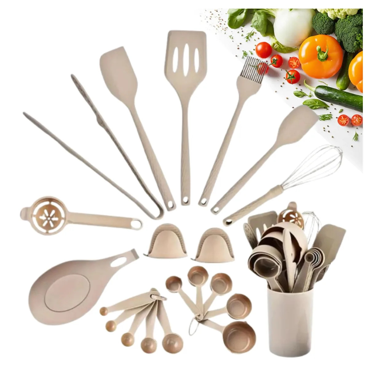 Juego de utensilios de cocina de silicona color crema con vaso soporte junto a verduras