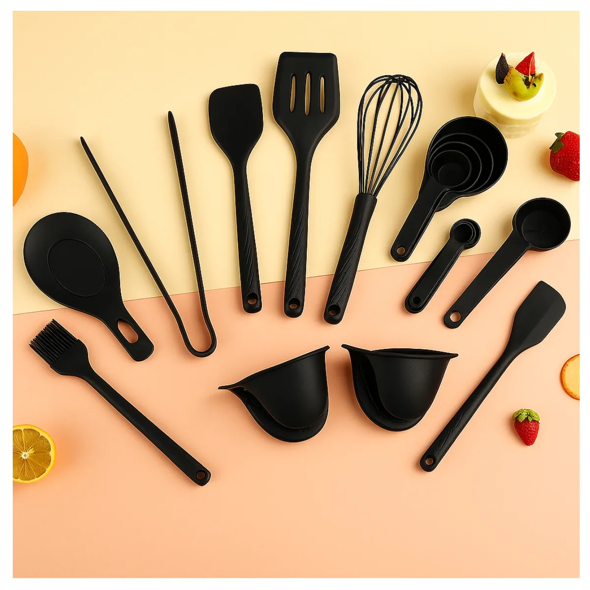 Juego de utensilios de cocina de silicona negros sobre fondo naranja