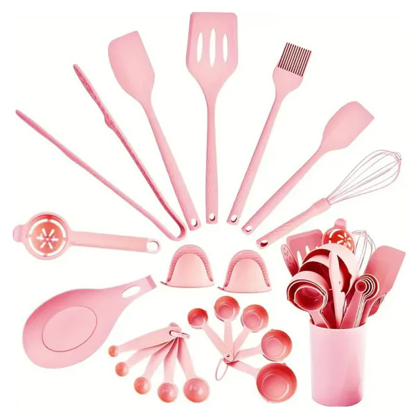 Juego de utensilios de cocina de silicona de 21 piezas con vaso soporte y medidores