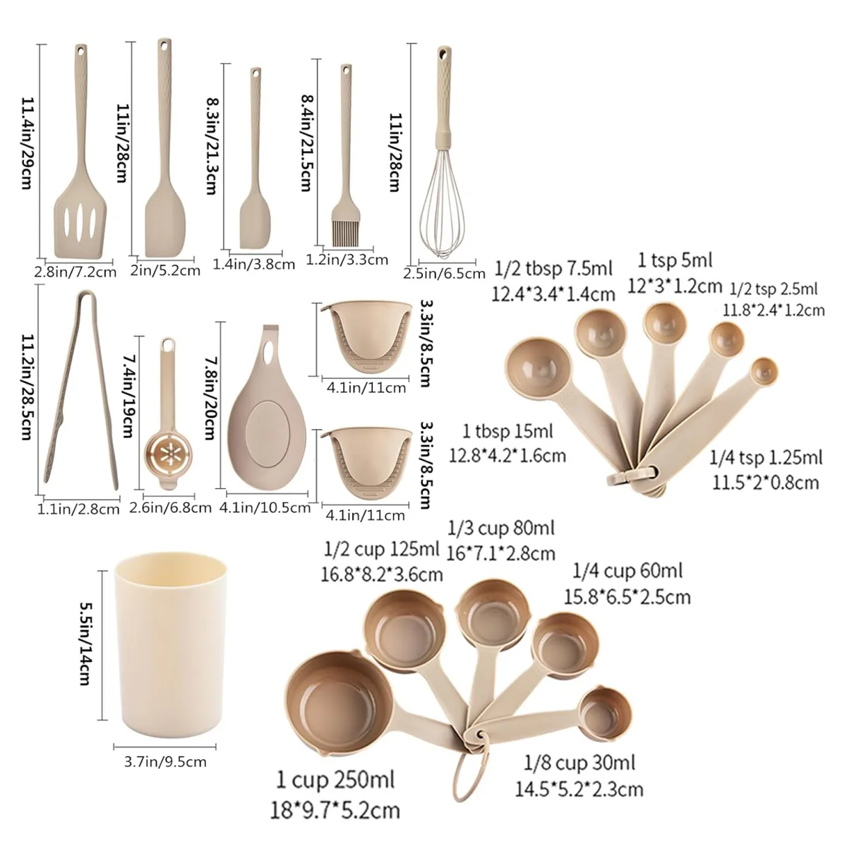 Medidas de cada utensilio de silicona, tazas y cucharas medidoras y vaso soporte