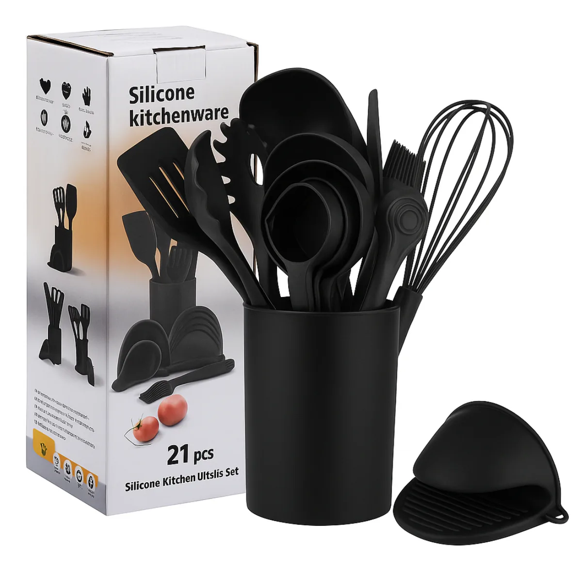 Utensilios de cocina de silicona negros en su vaso soporte junto a la caja