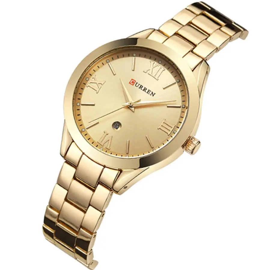 Reloj Curren 9007 dorado con esfera dorada y fecha, visto de lado