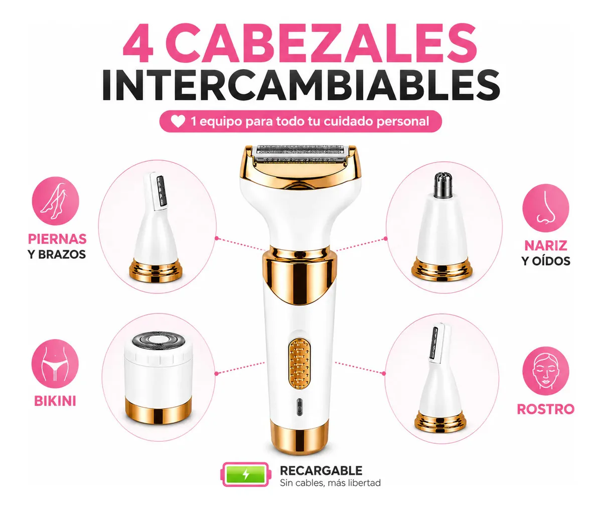 Los 4 cabezales intercambiables de la depiladora para piernas, bikini, rostro, nariz y oídos