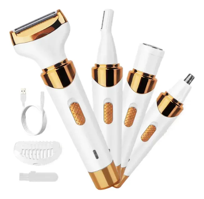 Depiladora 4 en 1 con cada uno de sus cabezales, cable USB y peine guía