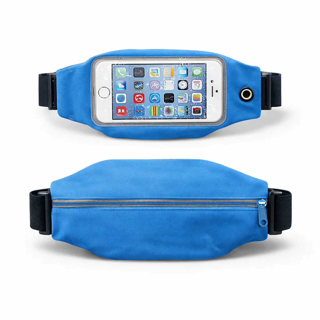 Riñonera deportiva azul para celular, vista de frente con la ventana y por detrás con la cremallera