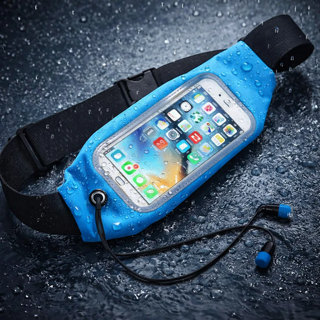 Riñonera deportiva azul con gotas de agua y audífonos conectados al celular