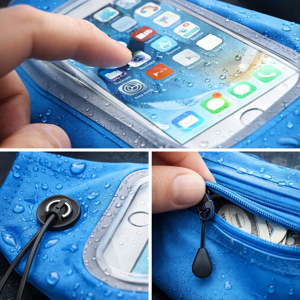Detalles de la riñonera azul: pantalla táctil, salida de audífonos y bolsillo con cremallera